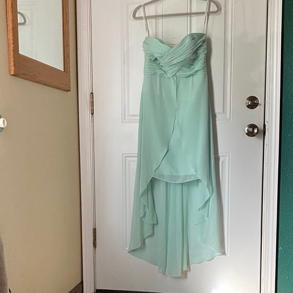 SOLD - David's Bridal Light Green (Mint, Seafoam) Strapless High Low Dress
